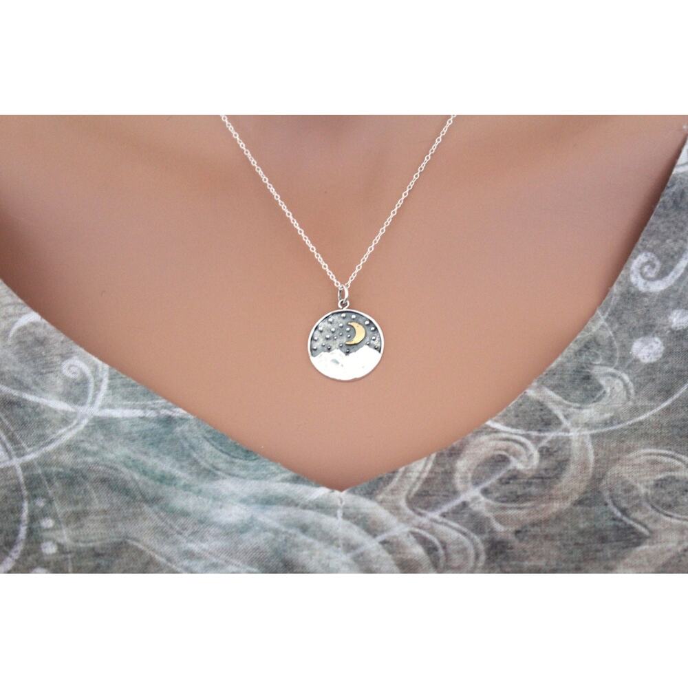 Sterling Silver Mountain Pendant with Bronze Moon Necklace, Moon Necklace - Picture 1 of 5